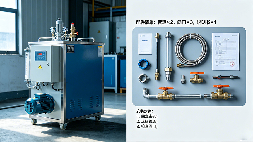 蒸汽发生器整机外观实拍、配件摆放清点