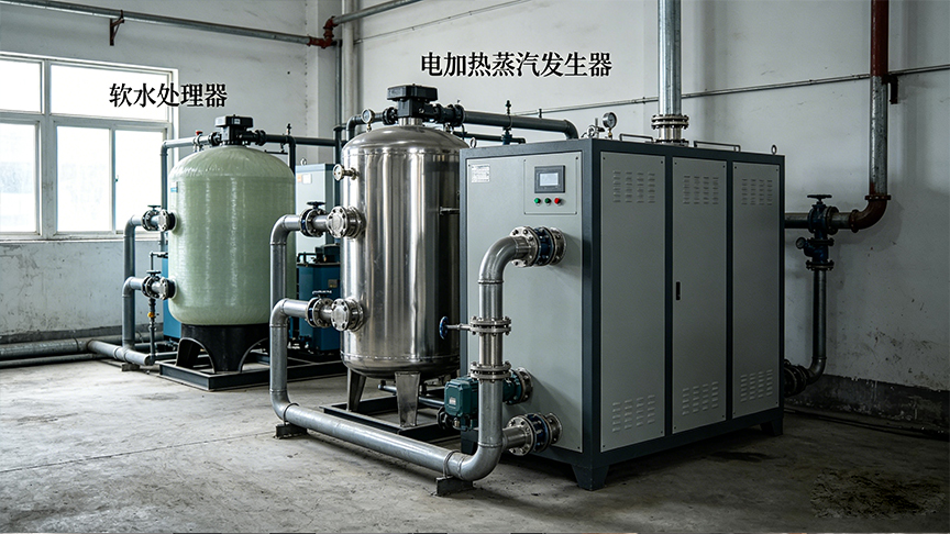 软水处理器与蒸汽发生器前后摆放就位