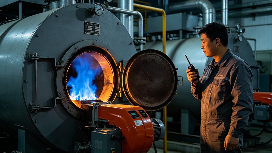 燃气蒸汽发生器炉膛观火孔观察火焰燃烧工况实拍